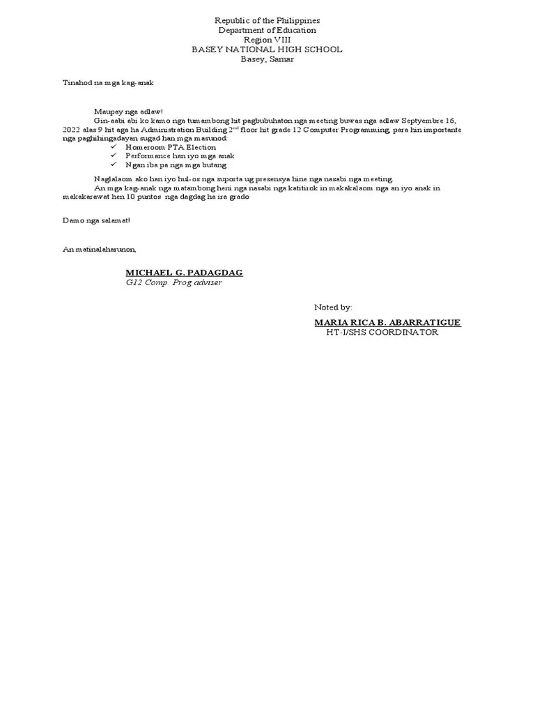 Communication Letter Pta Meeting PDF