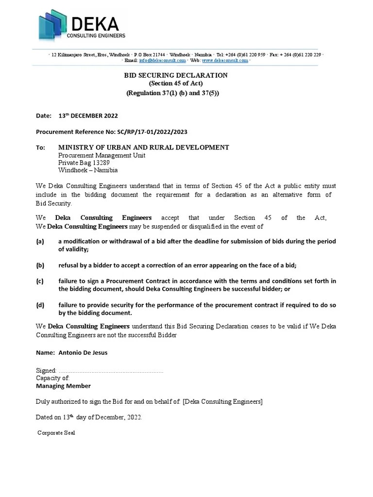 Bid Securing Declaration Template PDF