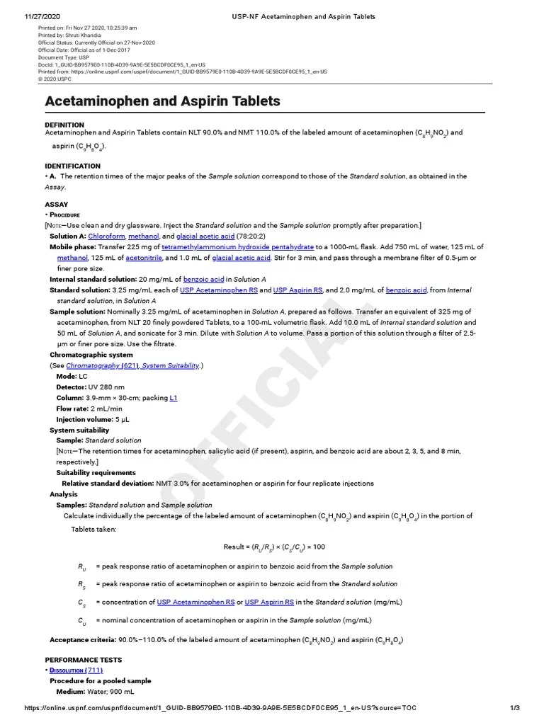 USPNF Acetaminophen and Aspirin Tablets PDF Chromatography Aspirin
