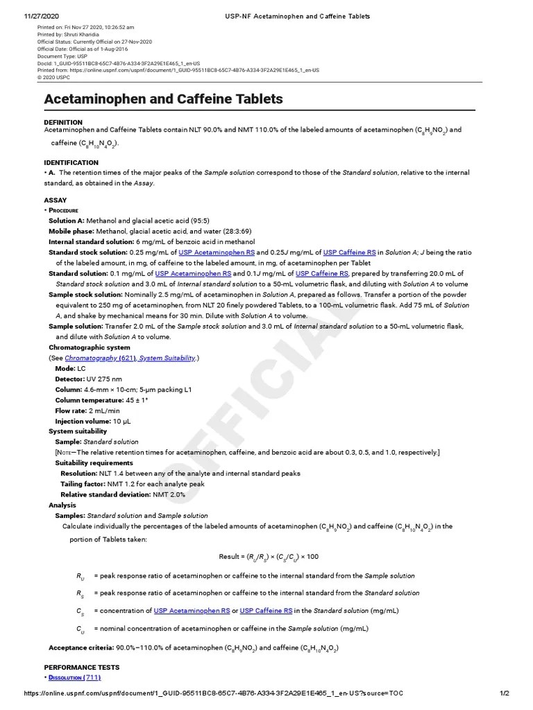 USPNF Acetaminophen and Caffeine Tablets PDF Chromatography