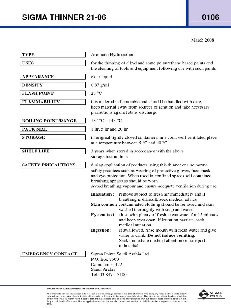 Safety Data Sheet for Sigma Thinner 2106 Aromatic Hydrocarbon Paint