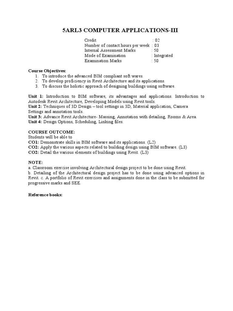 5ARL3 COMPUTER APPLICATIONS Syllabus PDF Autodesk Revit 3 D