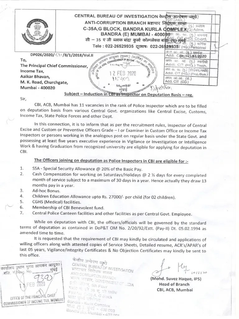 Induction in CBI As Inspector On Deputation Basis PDF