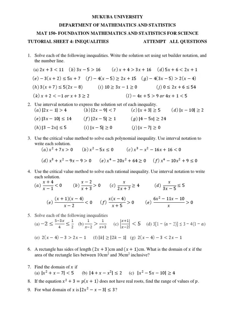 Mat150 Tutorial Sheet 4 Inequalities PDF Inequality (Mathematics