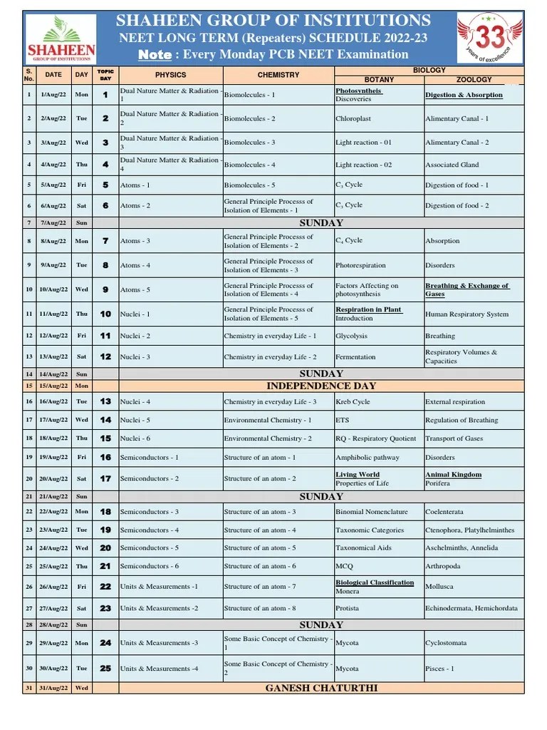 (180 Days) Neet Long Term (Repeaters) 2022 2023 Schedule.. PDF