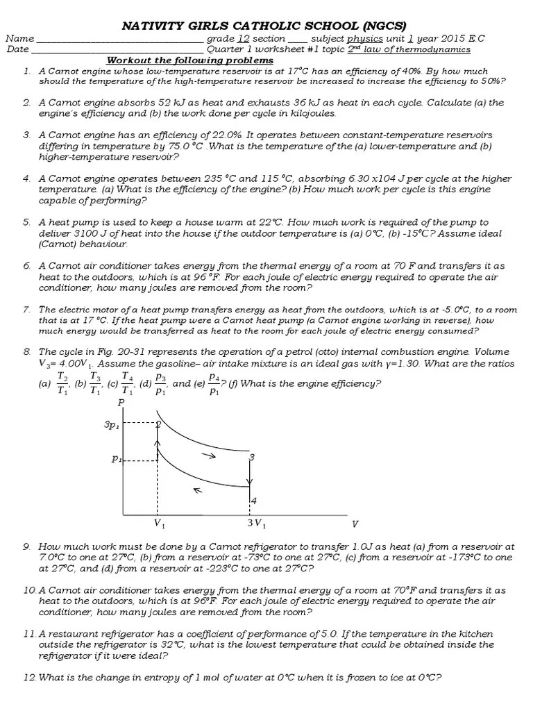 2nd Law of Thermodynamics Worksheet PDF Heat Temperature