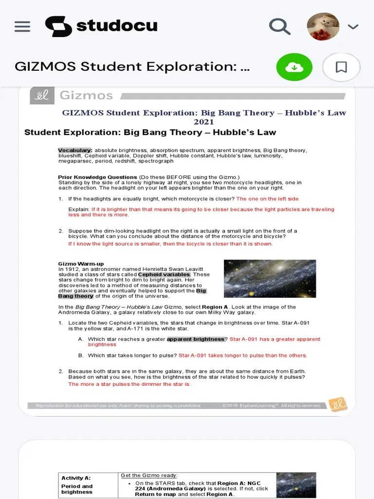 GIZMOS Student Exploration Big Bang Theory - Hubble's Law 2021