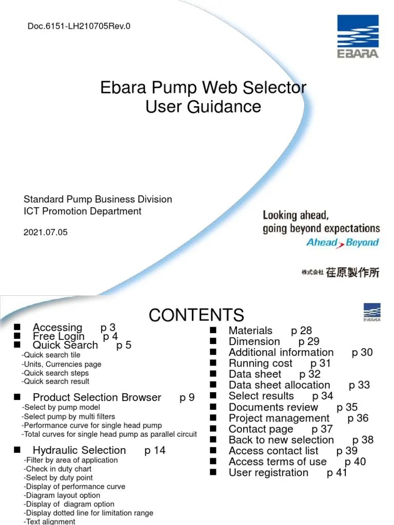 Ebara Pump Selector SPAIX5 User Quick Manual PDF Terms Of Service