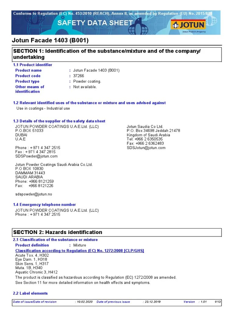 Safety Data Sheet Jotun Facade 1403 (B001) PDF Toxicity Waste