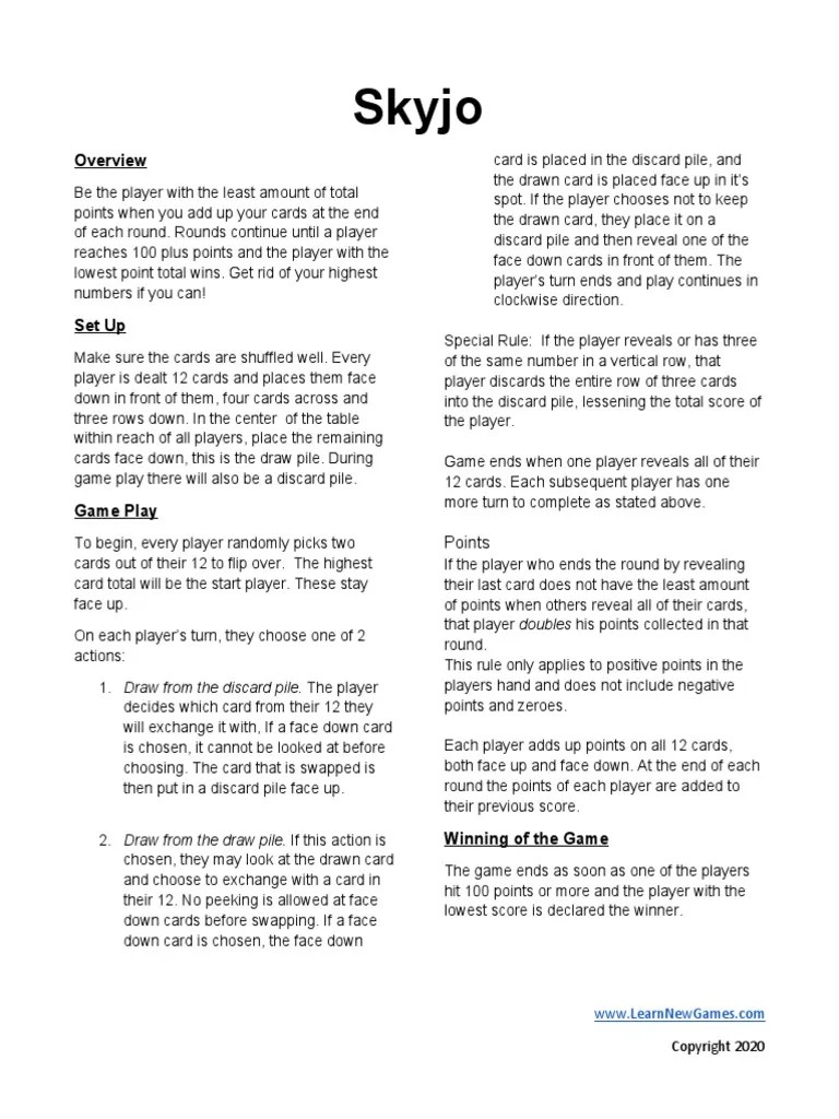 Skyjo Printable Instructions PDF PDF Tabletop Games Entertainment