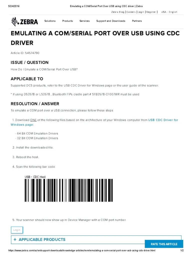 Emulating A COM Serial Port Over USB Using CDC Driver Zebra PDF