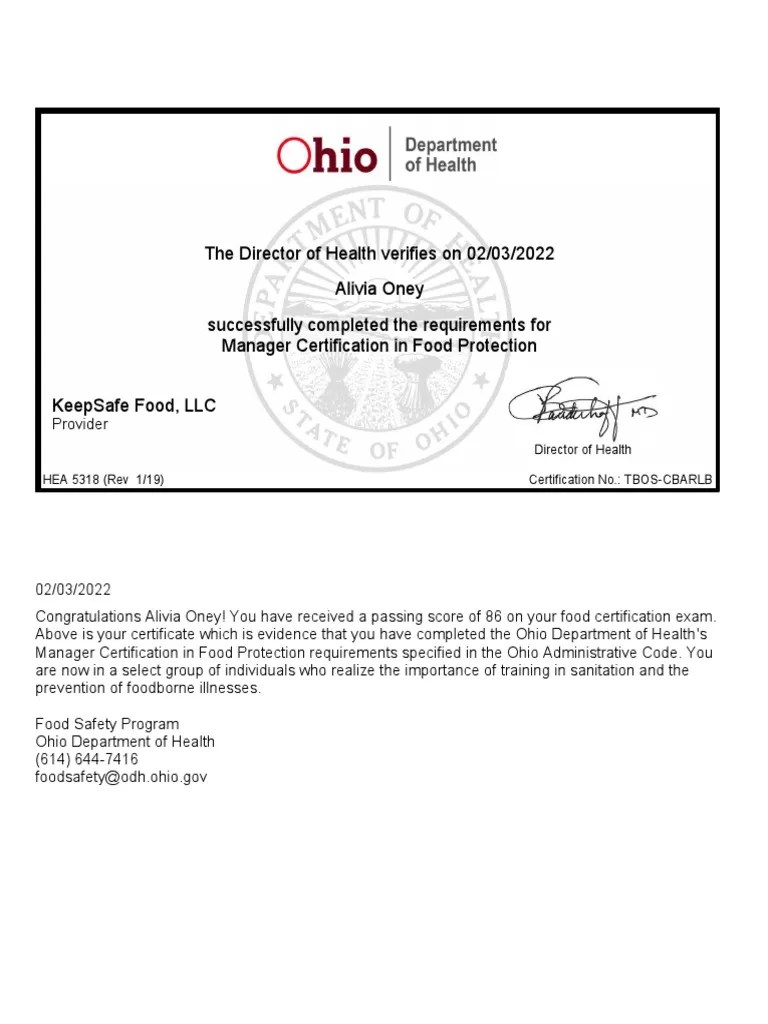 Servsafe Food Protection Certificate PDF