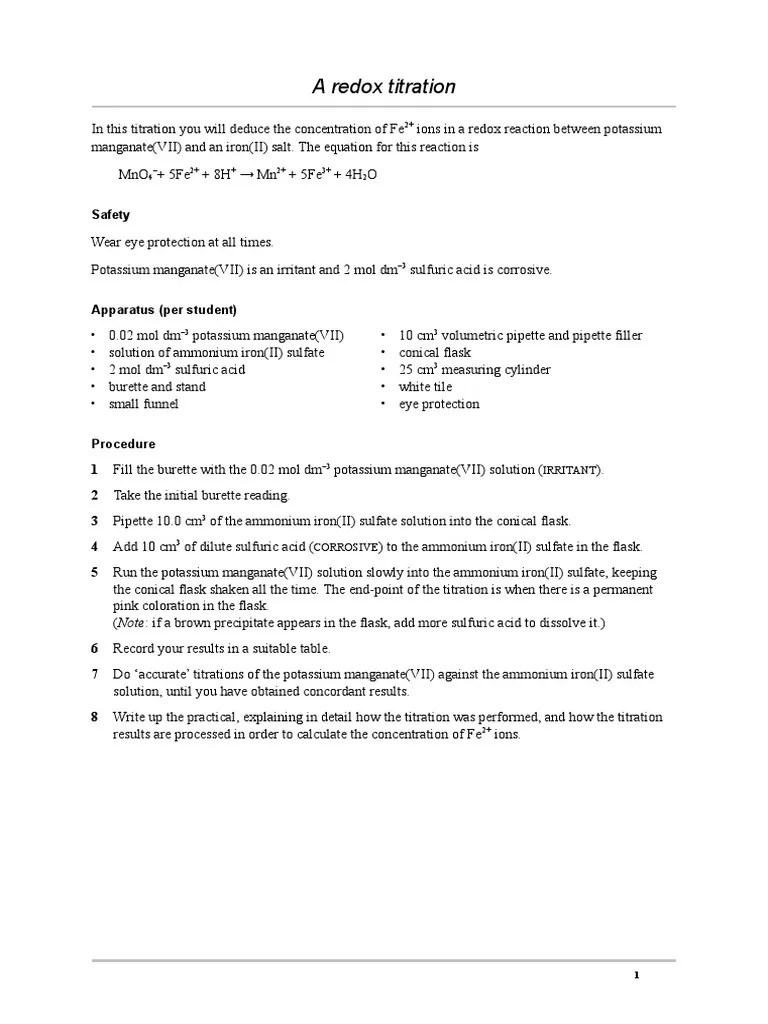 Redox Titration Lab PDF Titration Chemistry