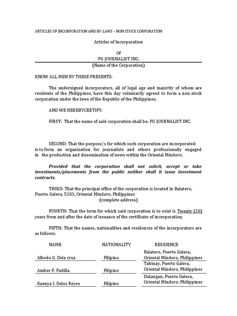 Articles of Incorporation and by Laws Non Stock Corporation PDF