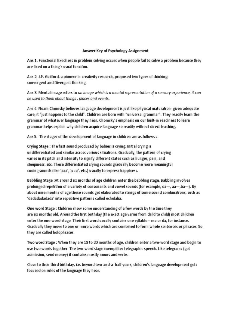 Answer Key of Psychology Assignment | PDF | Emotions | Hypothalamus