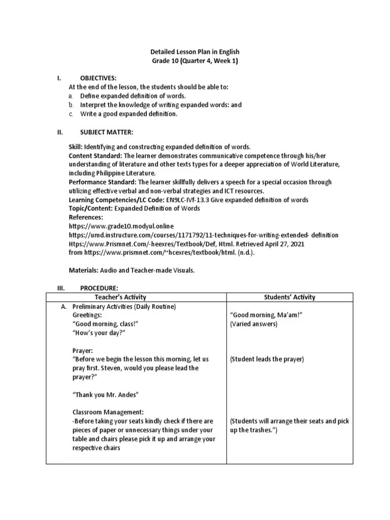 Expanded Definition of Words DLP PDF Definition Question