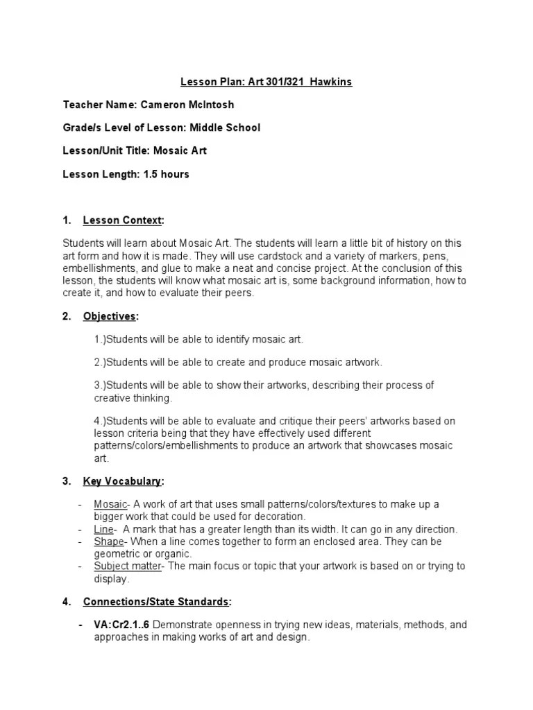 Art Mosaic Lesson Plan PDF Teachers Lesson Plan