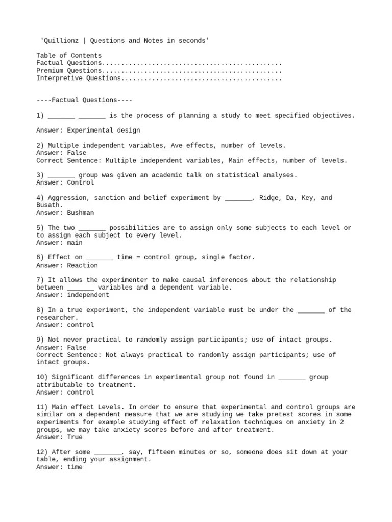 Experimental Design Principles: Factual Questions and Answers on