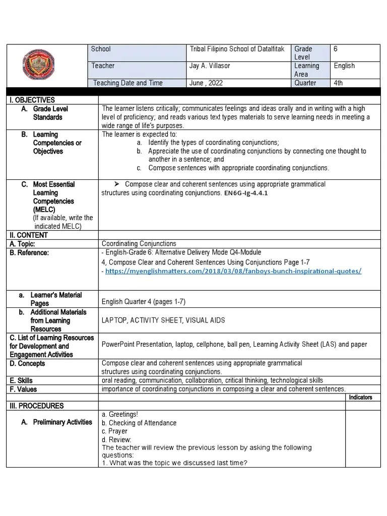 Cot 2 English 6 Conjunctions PDF Sentence (Linguistics) Grammar