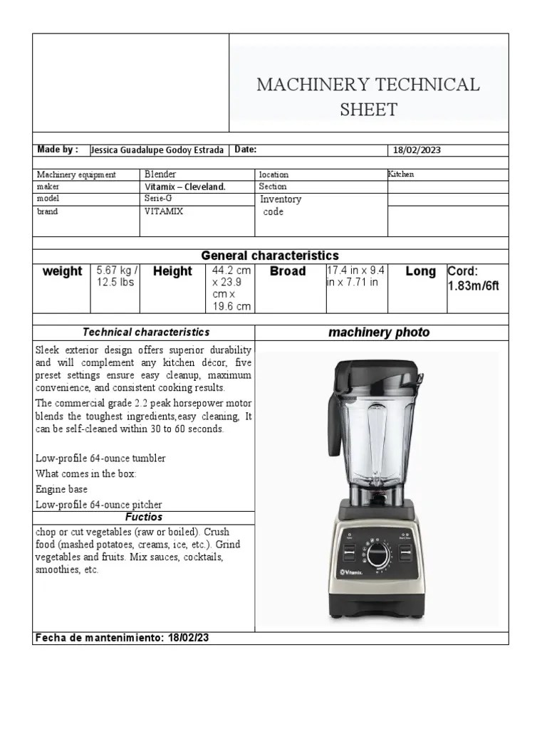 An Analysis of Kitchen Machinery A Technical Specifications Sheet Detailing Blenders, Food
