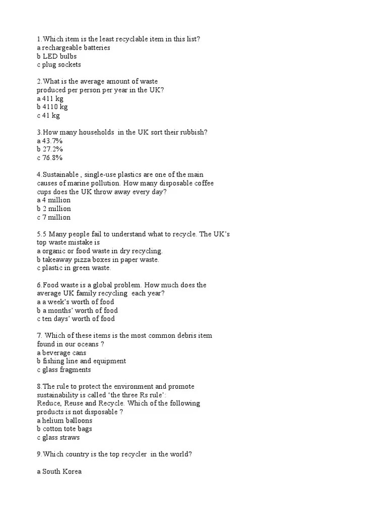 Quiz on Recycling and Sustainability Examining Key Facts About Waste