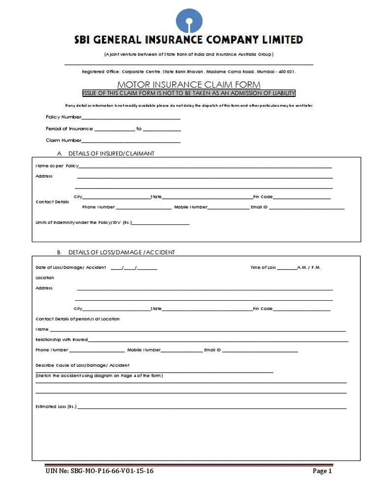 Motor Insurance Claim Form Issue of This Claim Form Is Not To Be Taken