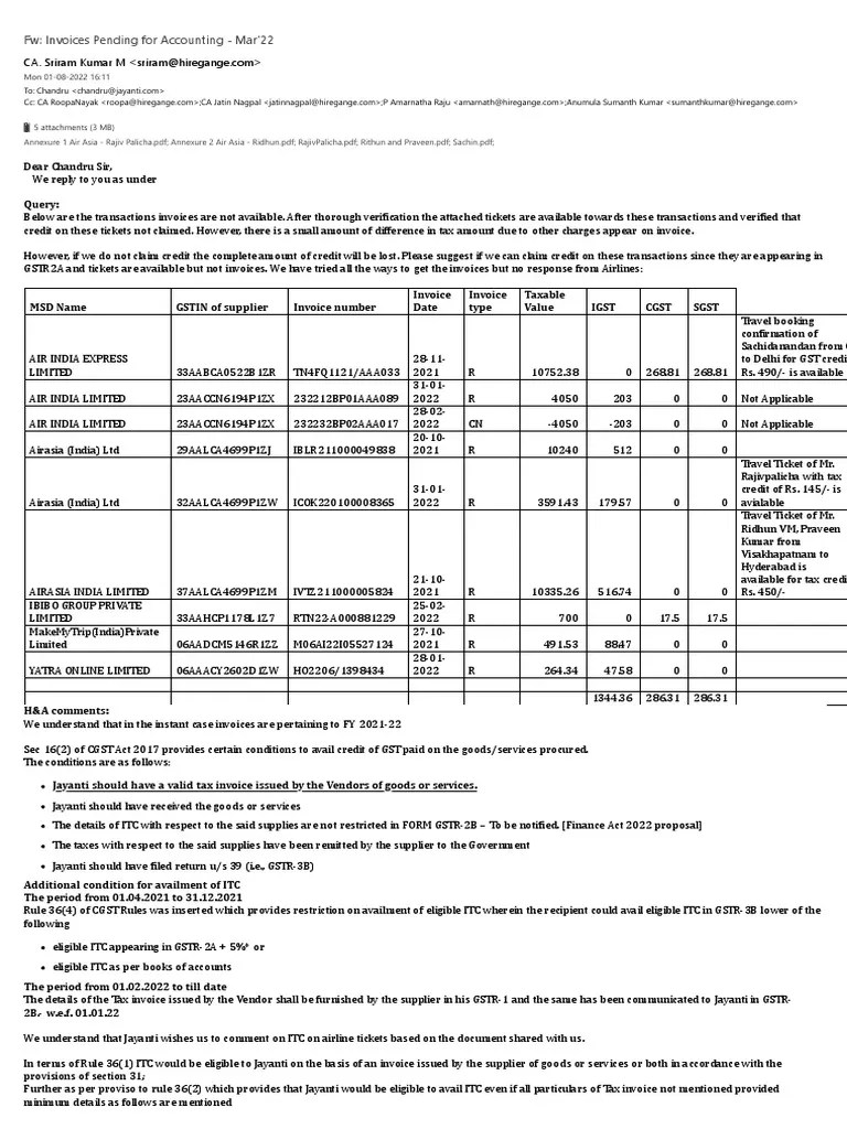 Way of Reply ITC On Tax Invoice Air Transport Tickets PDF Invoice