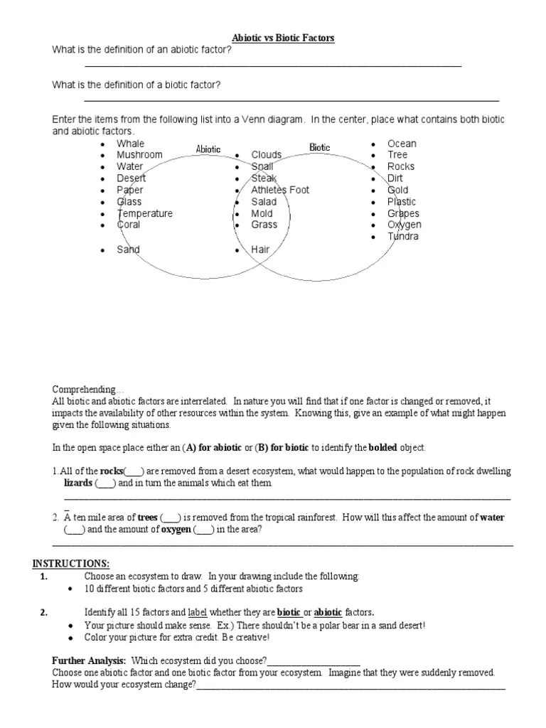Abiotic Vs Biotic Factors Worksheet1 PDF Ecosystem Desert