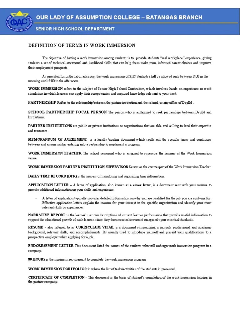 Definition of Terms in Work Immersion PDF Résumé Cognition