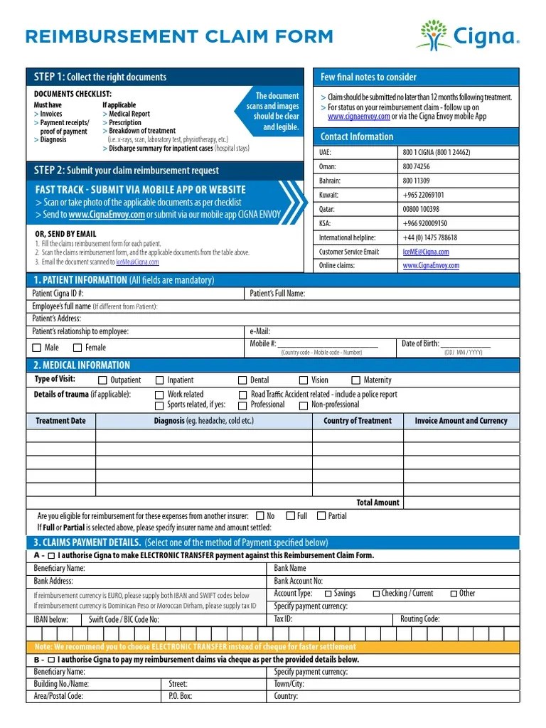Cigna ME Reimbursement Claim Form PDF Cheque Payments