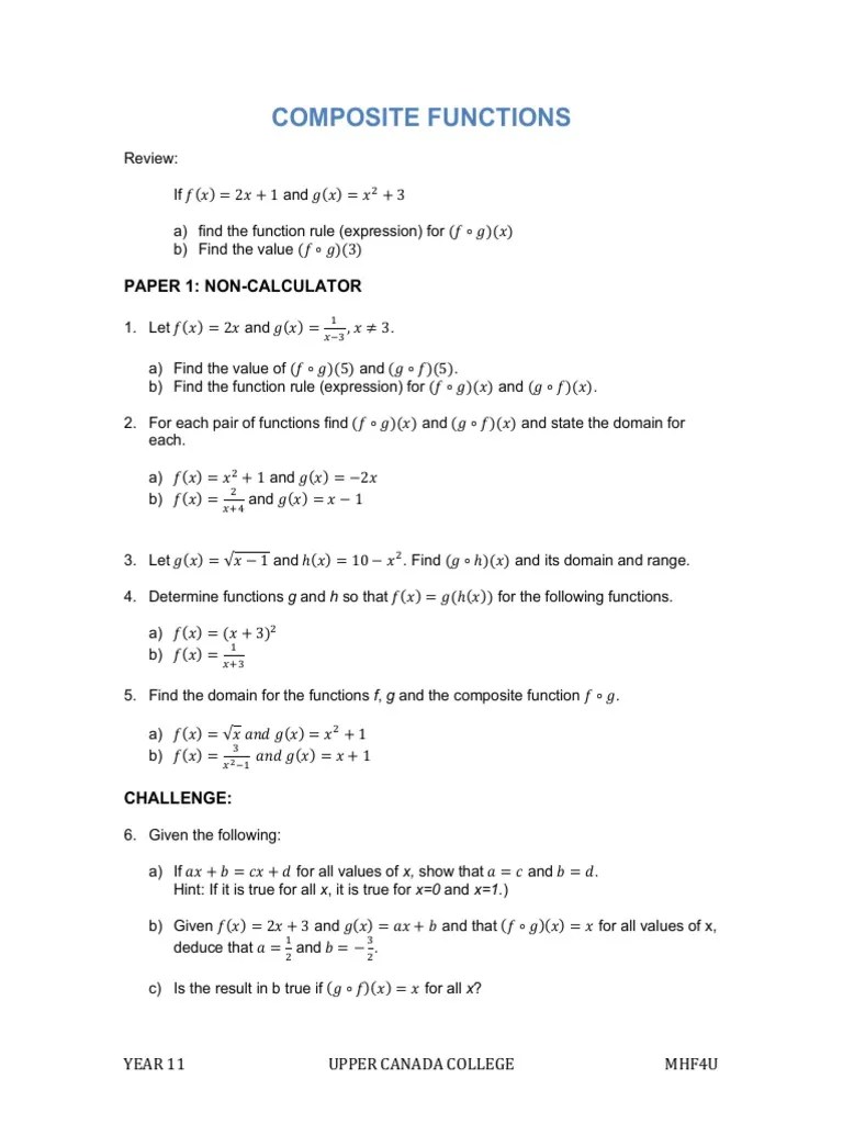 Composite Functions Worksheet PDF