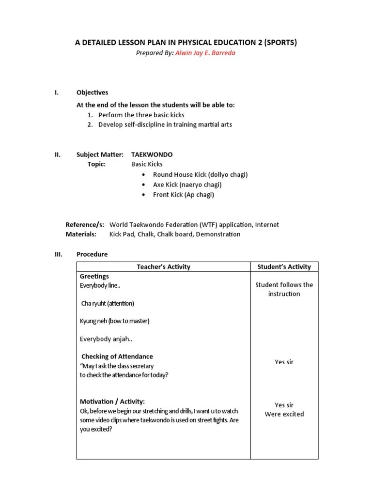 A Detailed Lesson Plan PE2 PDF Taekwondo Individual Sports