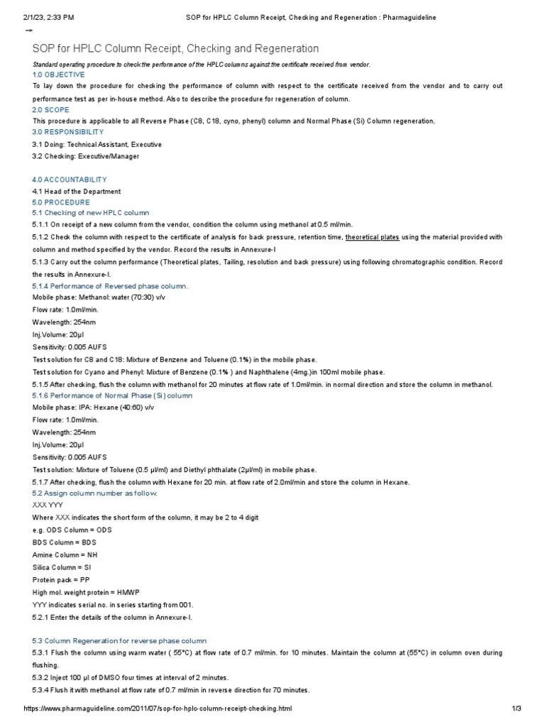 SOP For HPLC Column Receipt, Checking and Regeneration