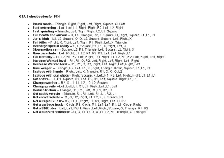 GTA 5 Cheat Codes For PS4 PDF