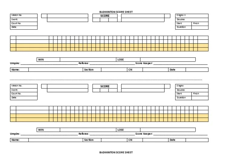 BADMINTON SCORE SHEET For Printing PDF Referee Sports