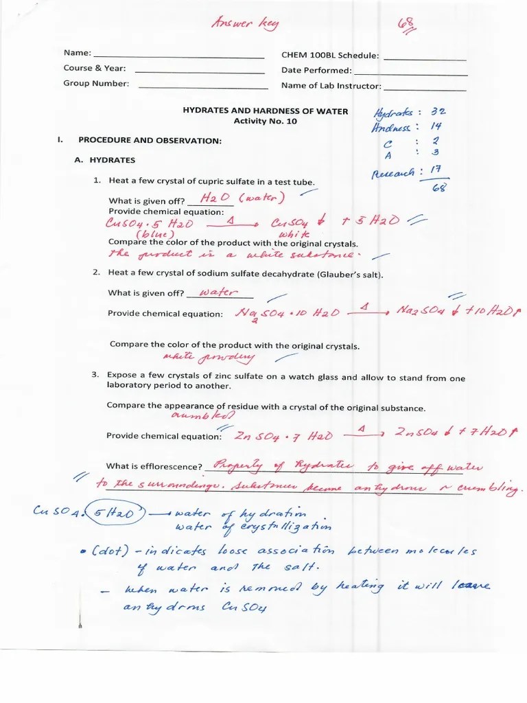 Answer Key Hydrates PDF