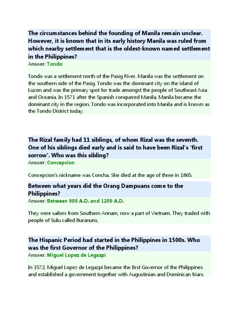 Philippine History Trivia Questions PDF Philippines Manila