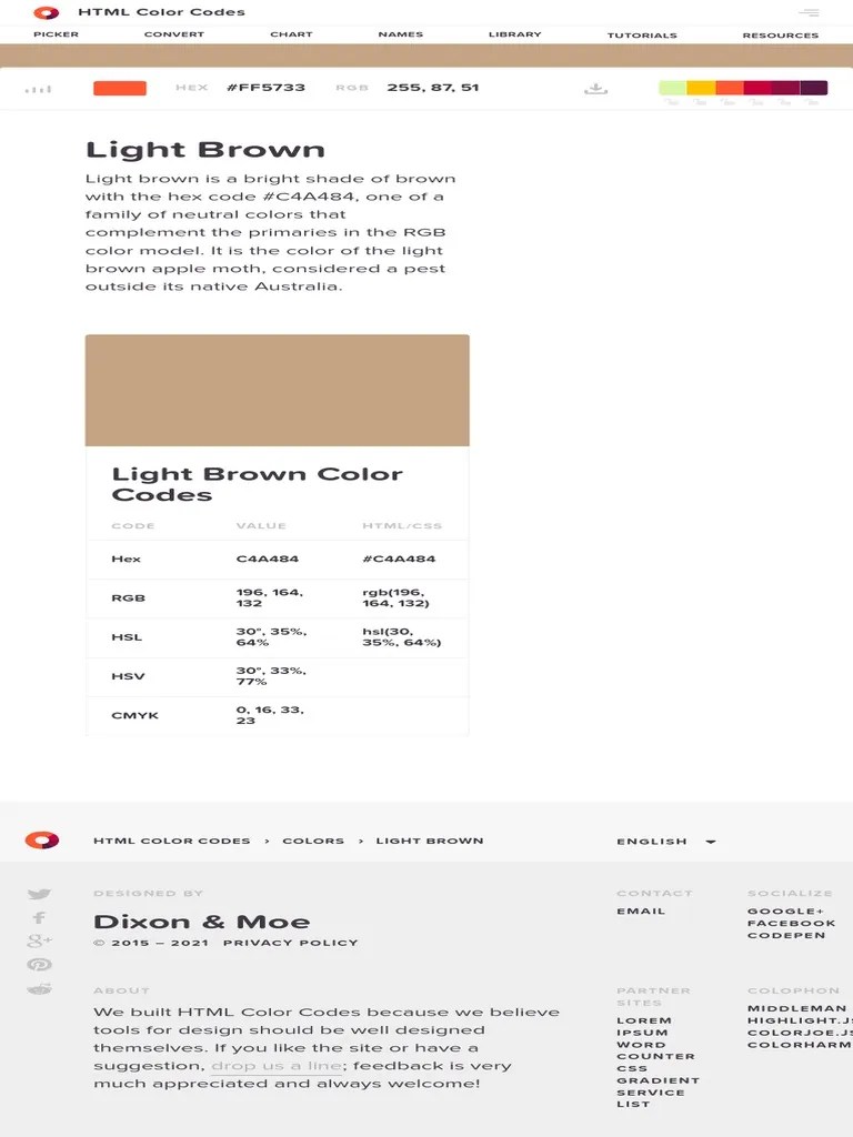 Light Brown Color, Codes and Facts HTML Color Codes PDF 