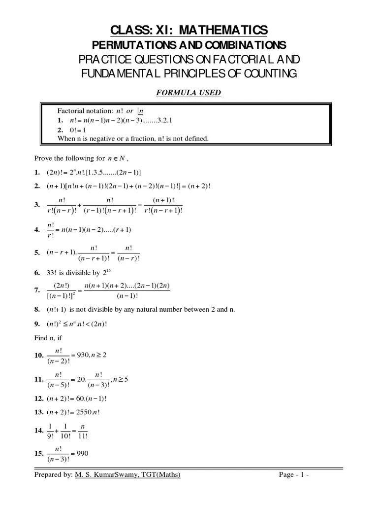 Class Xi Maths Permutations and Combinations Practice Questions 2015 16