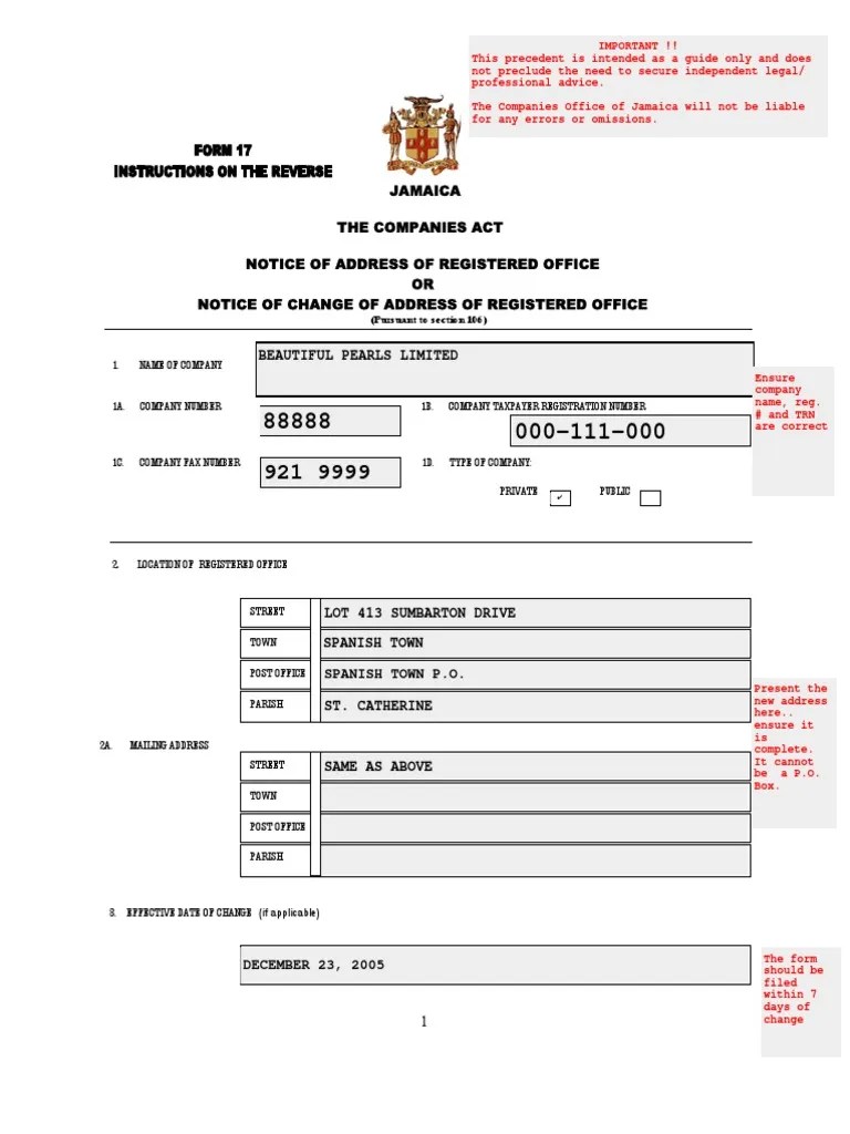 Form 17 (Precedent) NOTICE OF CHANGE OF REGISTERED OFFICE ADDRESS PDF