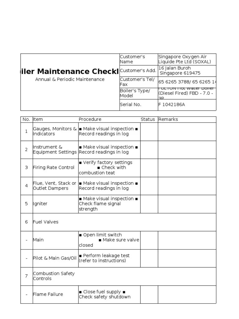 Maintenance Checklist PDF Boiler Water Heating