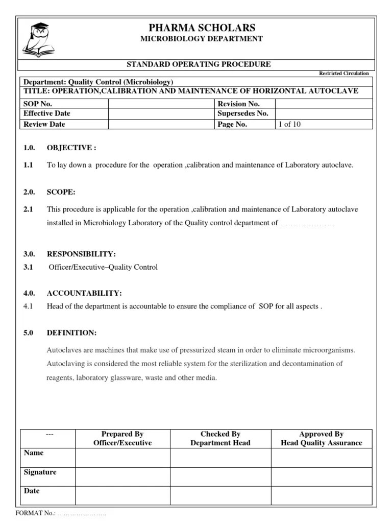 SOP For Operation Calibration and Maintenance of Horizontal Autoclave