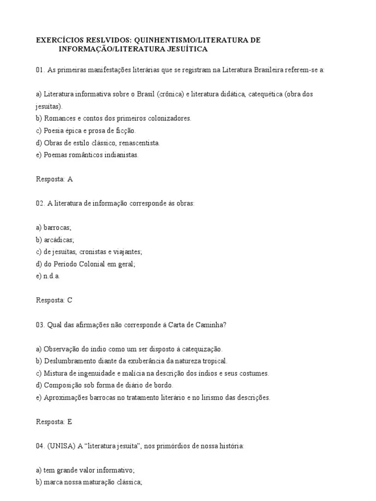 EXERCÍCIOS QUINHENTISMOLITERATURA DE INFORMAÇÃOLITERATURA JESUÍTICA