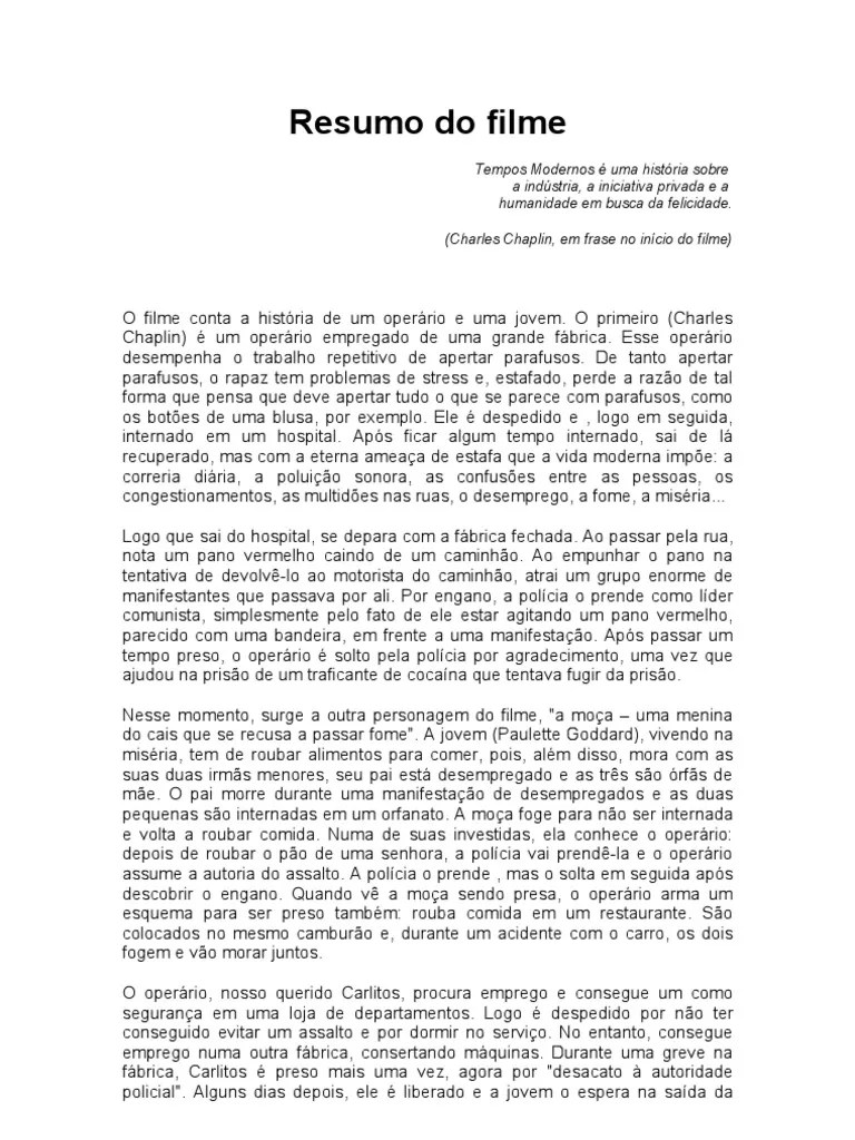 Resumo Do Filme Tempos Modernos Charlie Chaplin Polícia