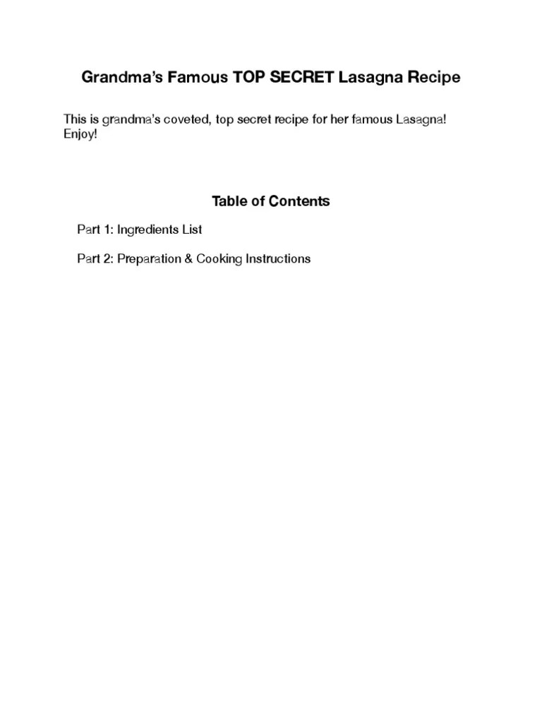 Grandma's Secret Lasagna Recipe PDF Cooking, Food & Wine