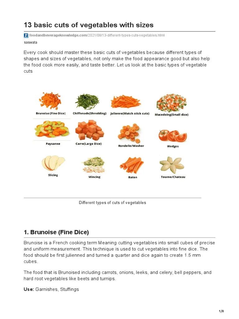 13 Basic Cuts of Vegetables With Sizes PDF Salad Foods