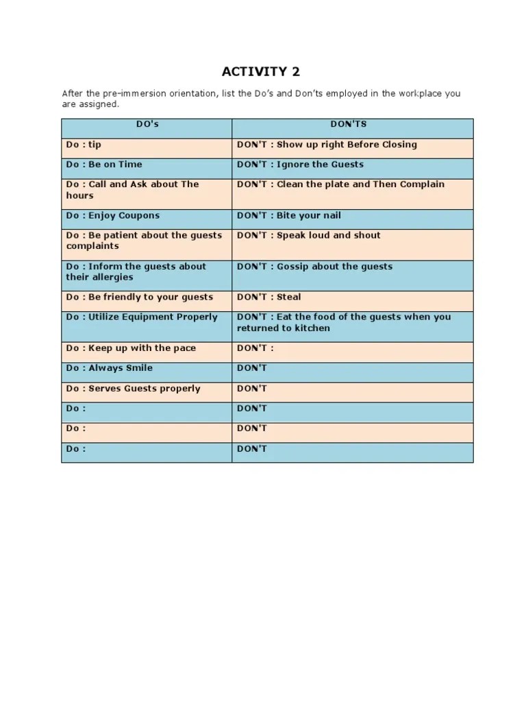 Activity 2 After The PreImmersion Orientation, List The Do's and Don