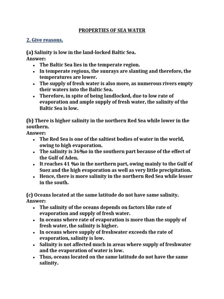 Properties of Sea Water Question Answers PDF Sea Seawater