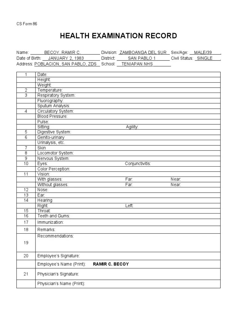 CS Form 86 Health Exam Record PDF