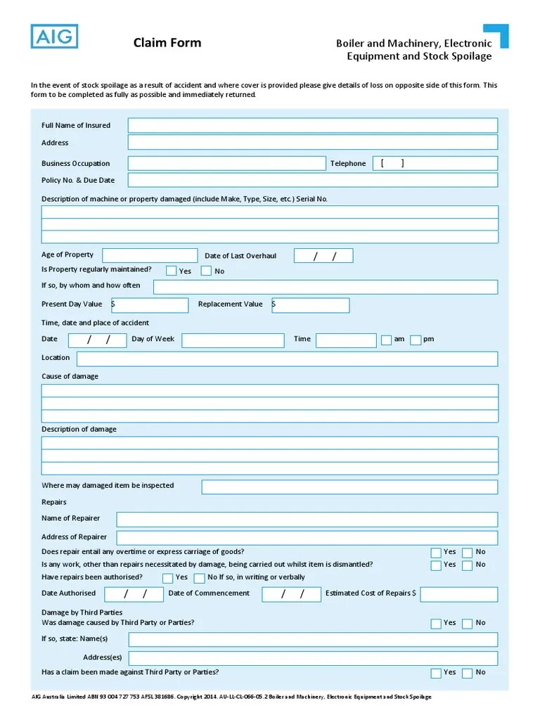 Machinery Breakdown Claim Form PDF